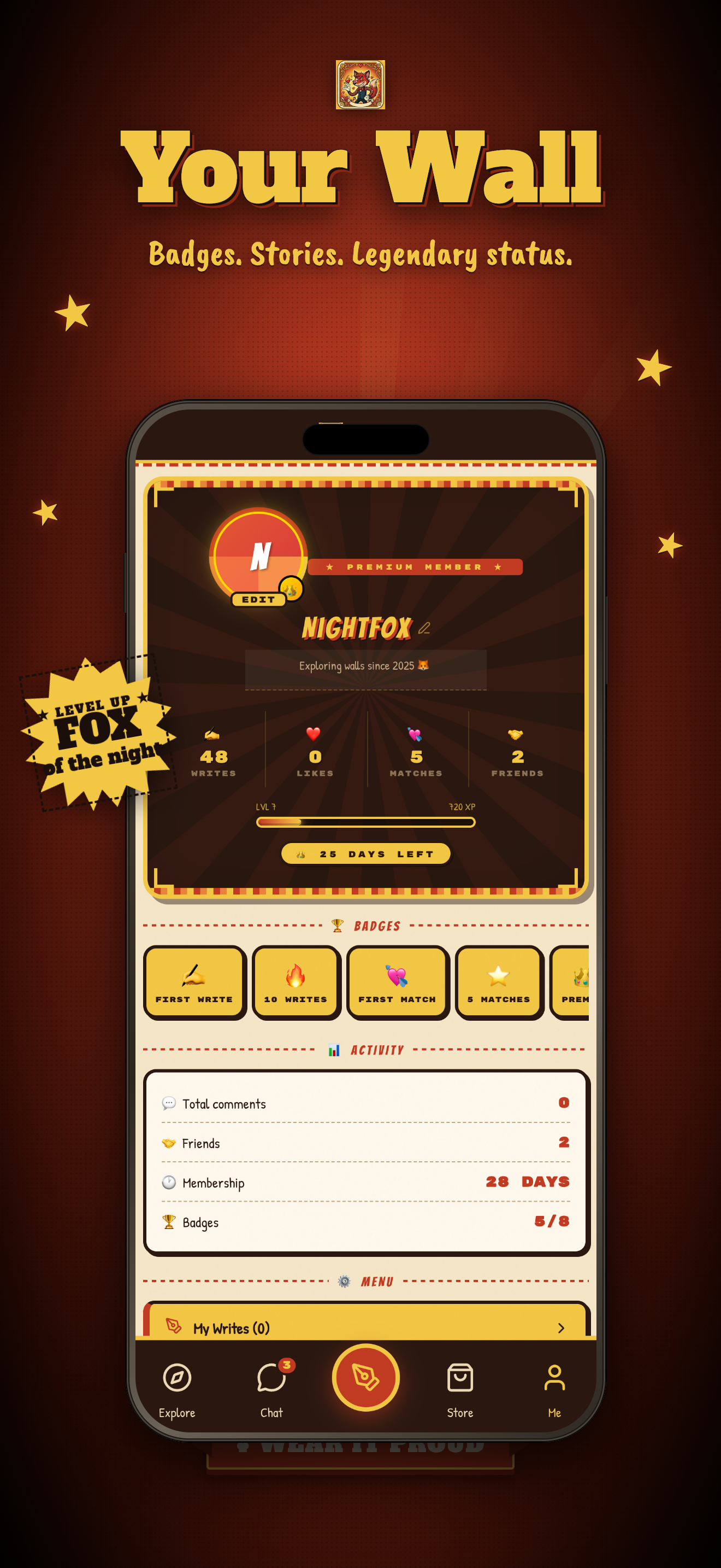 FoxTrail profile screen with badges and level
